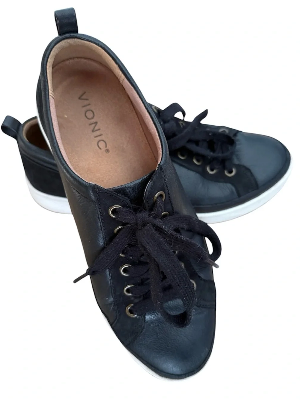 Vionic Black Leather Lace-Up Sneakers with White Sole